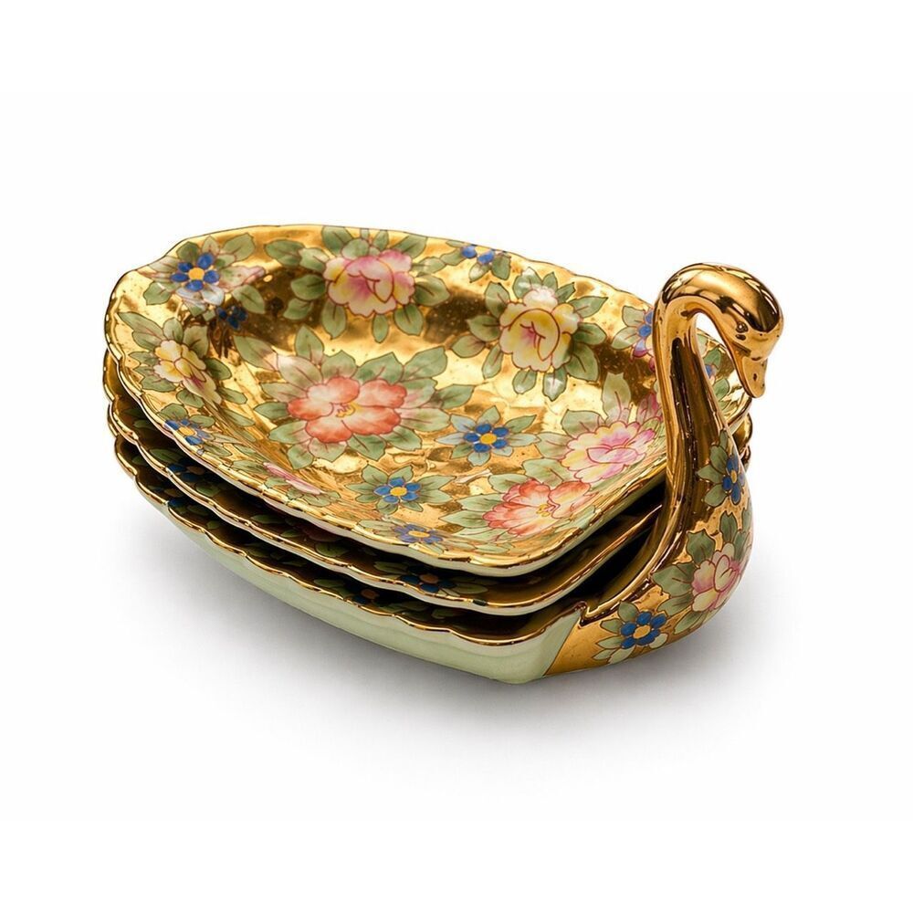 Ardalt Lenwile China Swan Trinket Dish Set Gold Gilt Floral 6475B Japan Vintage